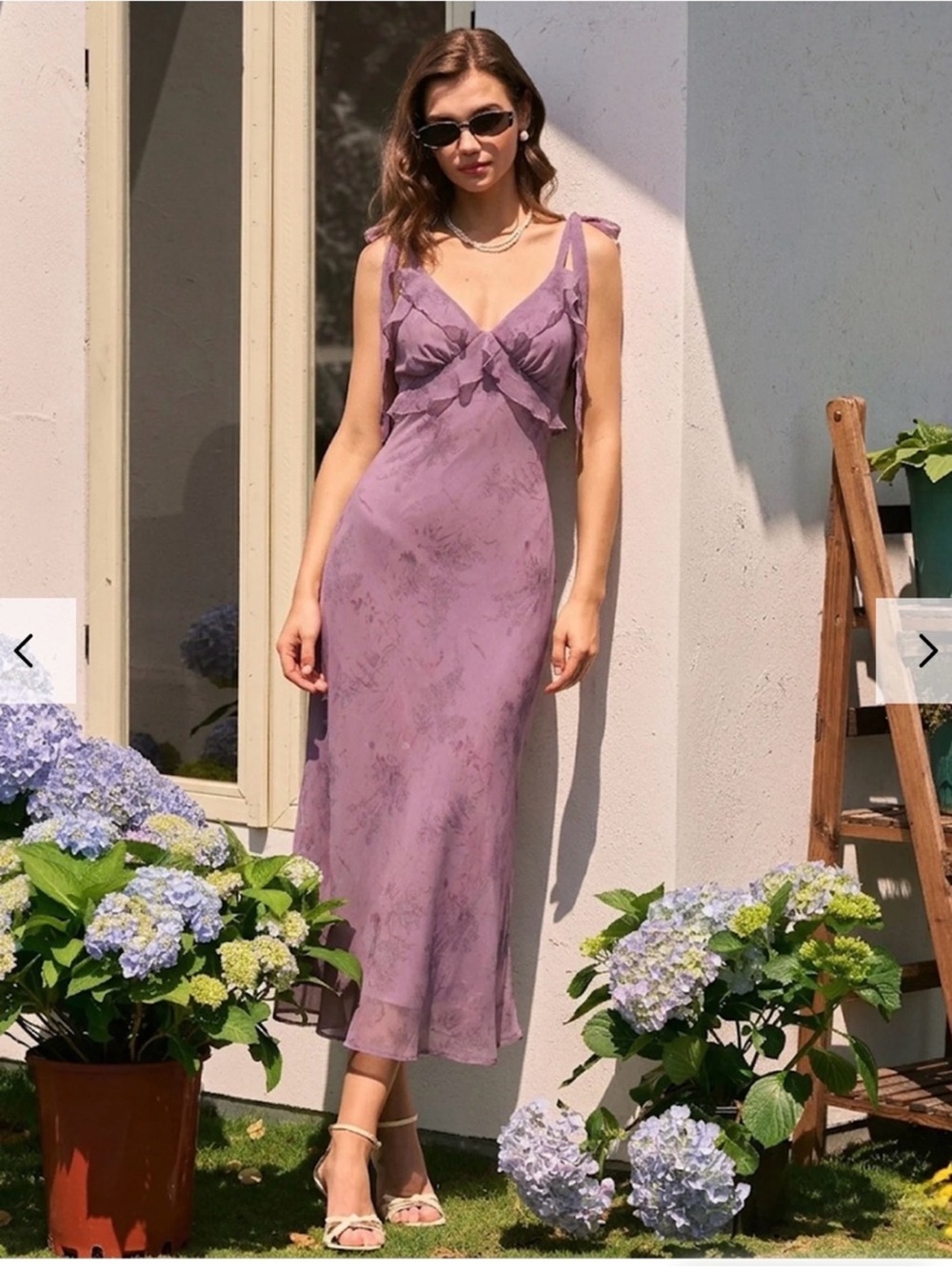 Purple Floral Ruffle Tie Strap Midi Dress